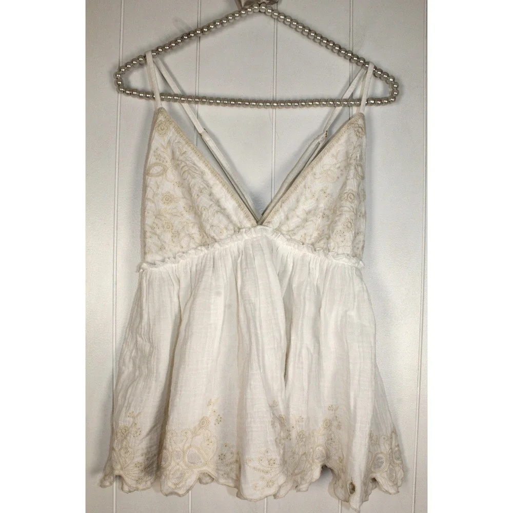 Free People Sunny Days Embroidered Cotton Cami Top in Ivory Size Large NWOT - Picture 2 of 8